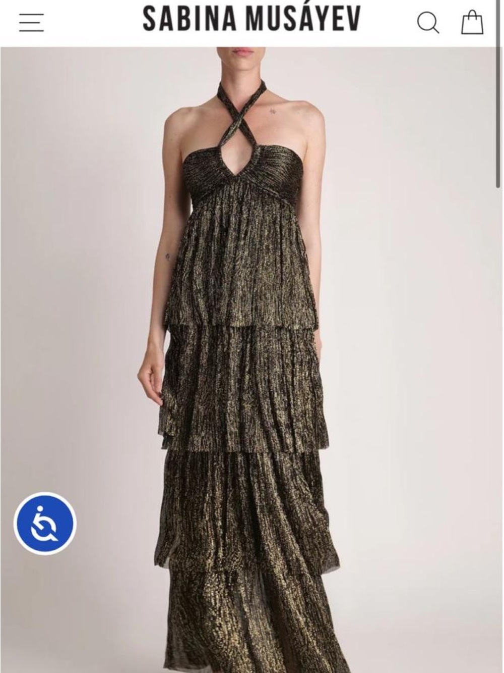 Sabina Musayev Black and Gold Metallic Strapless Tiered Gown